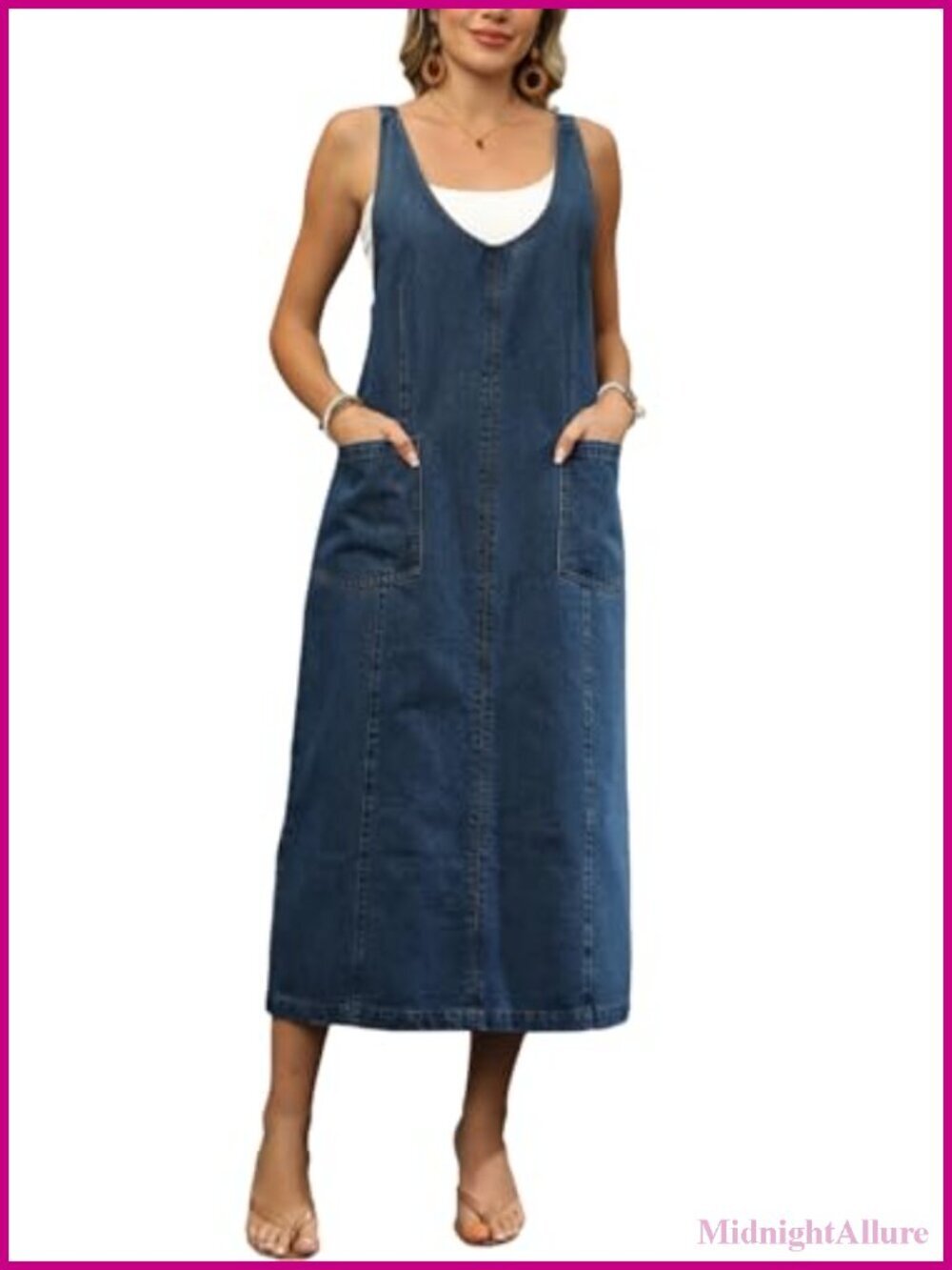 V Neck Sleeveless Denim Overall Dress Midi Jean Dress Adjustable Strap Back